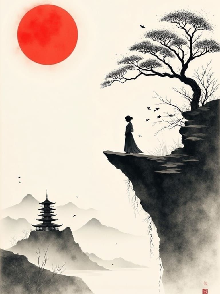 Japanese Landscape with Woman in Silhouette