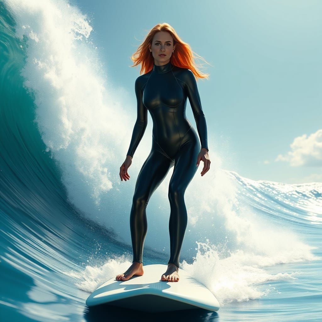 Julia Roberts Surfing a Massive Wave in Digital Art