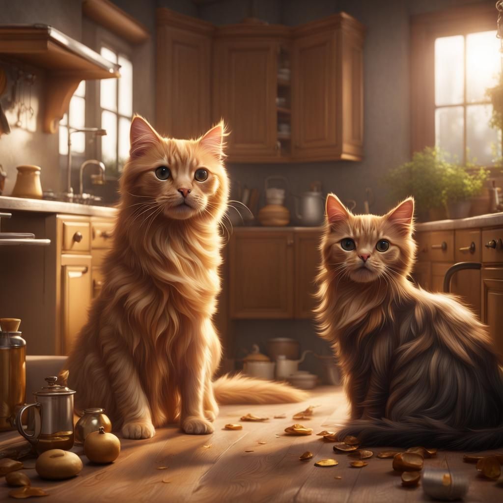 Cute Cat and Dog Together in Kitchen
