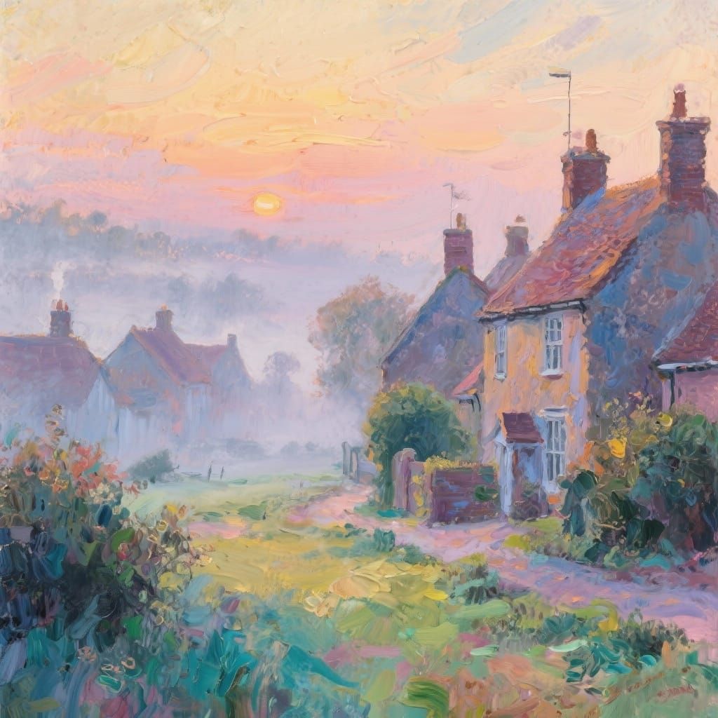 Misty English Village at Dawn in Abstract Style