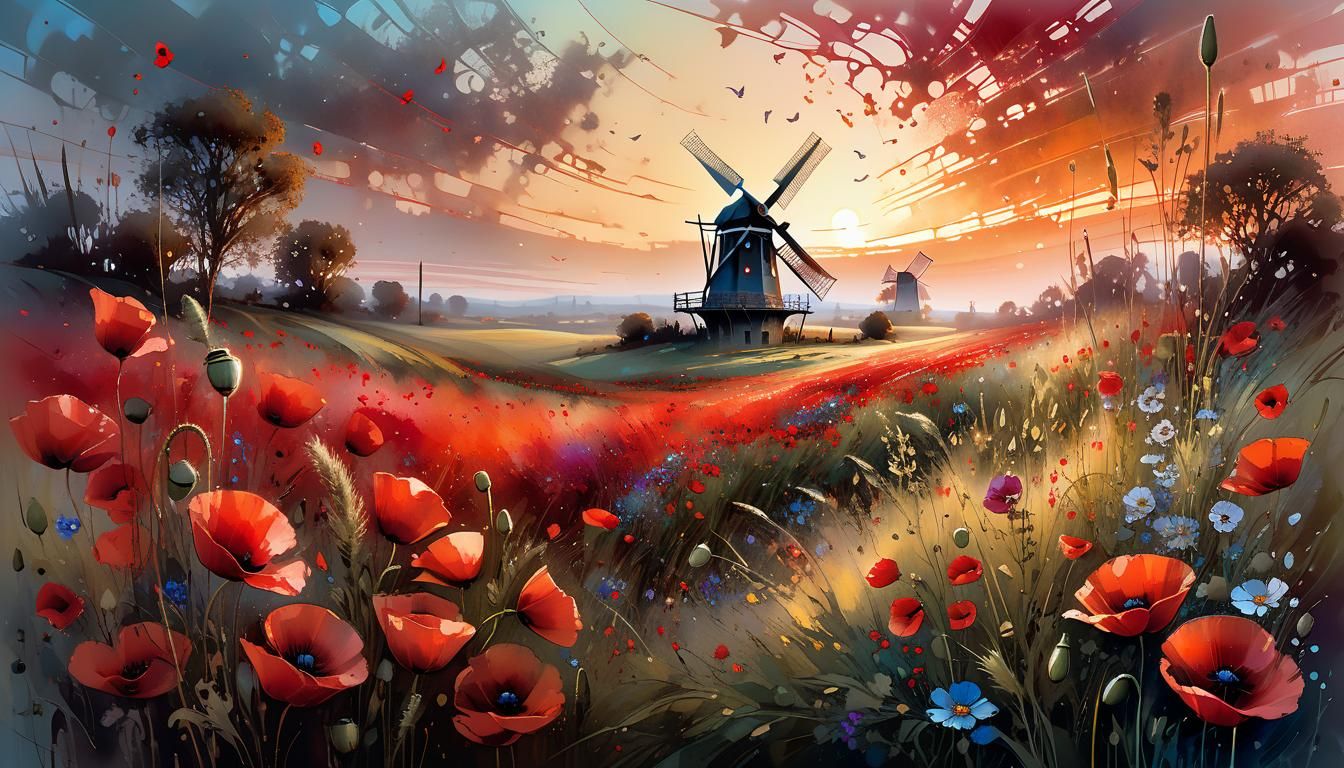 Poppy Field Landscape in Bronze and Gold