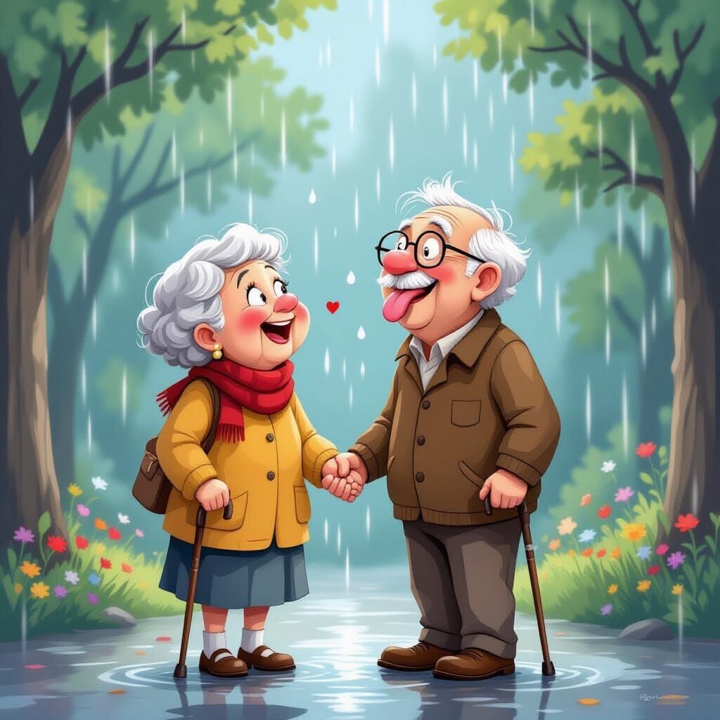 Elderly Couple Joyfully Catches Raindrops in Whimsical Scene