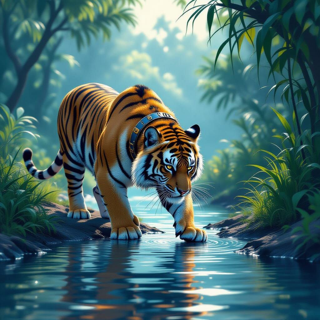 Tiger on Riverbank in Fantasy Concept Art Style