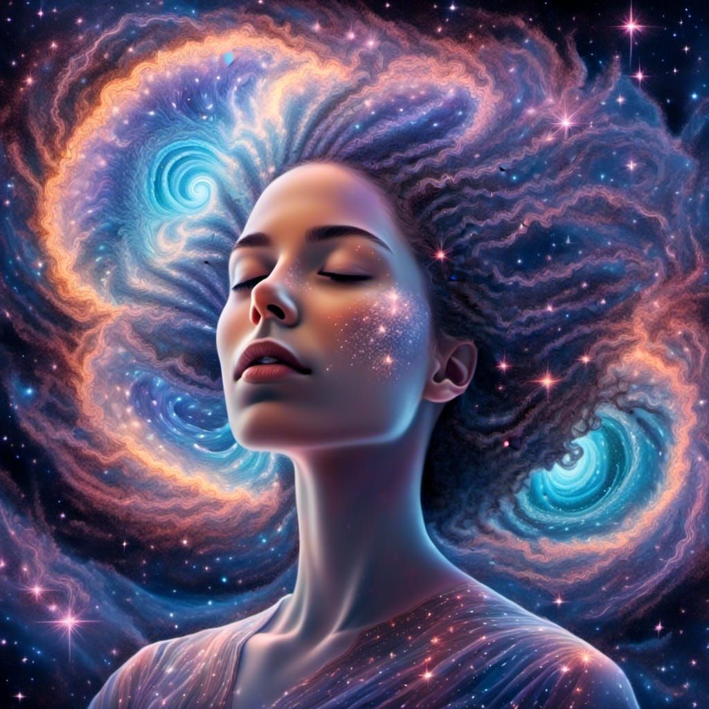 Meditating Woman in Holographic Astral Cosmic Illustration