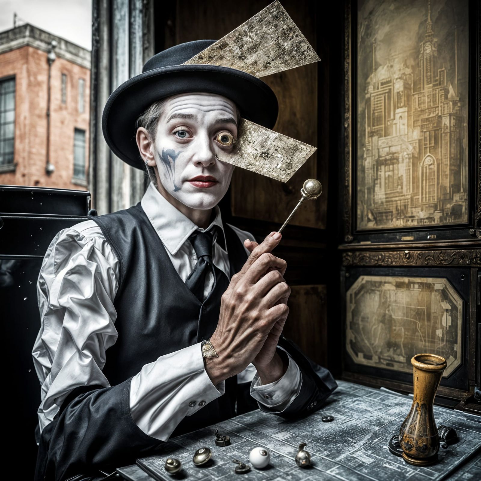 Surreal Mimes Perform Godot in Dreamy Landscape
