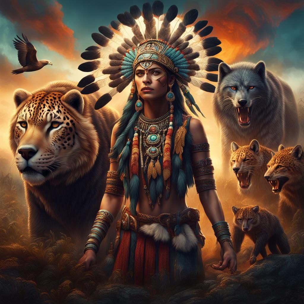 Shamanic Woman Surrounded by Animals in Detailed Painting