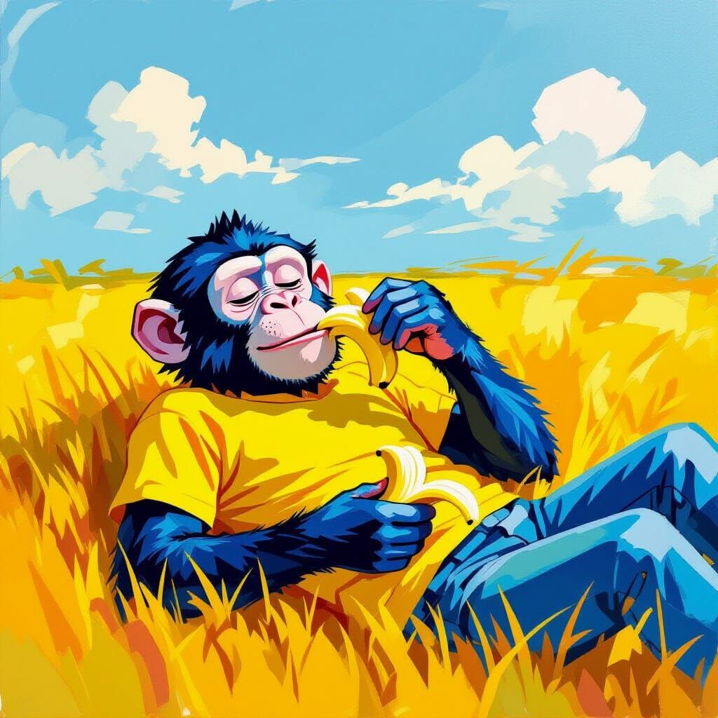 Blue Monkey Eating Bananas as Gouache Painting