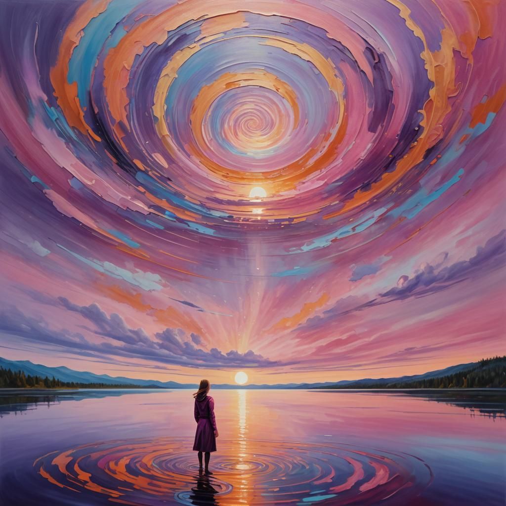 Surreal Sunset Over Serene Lake as Oil Painting