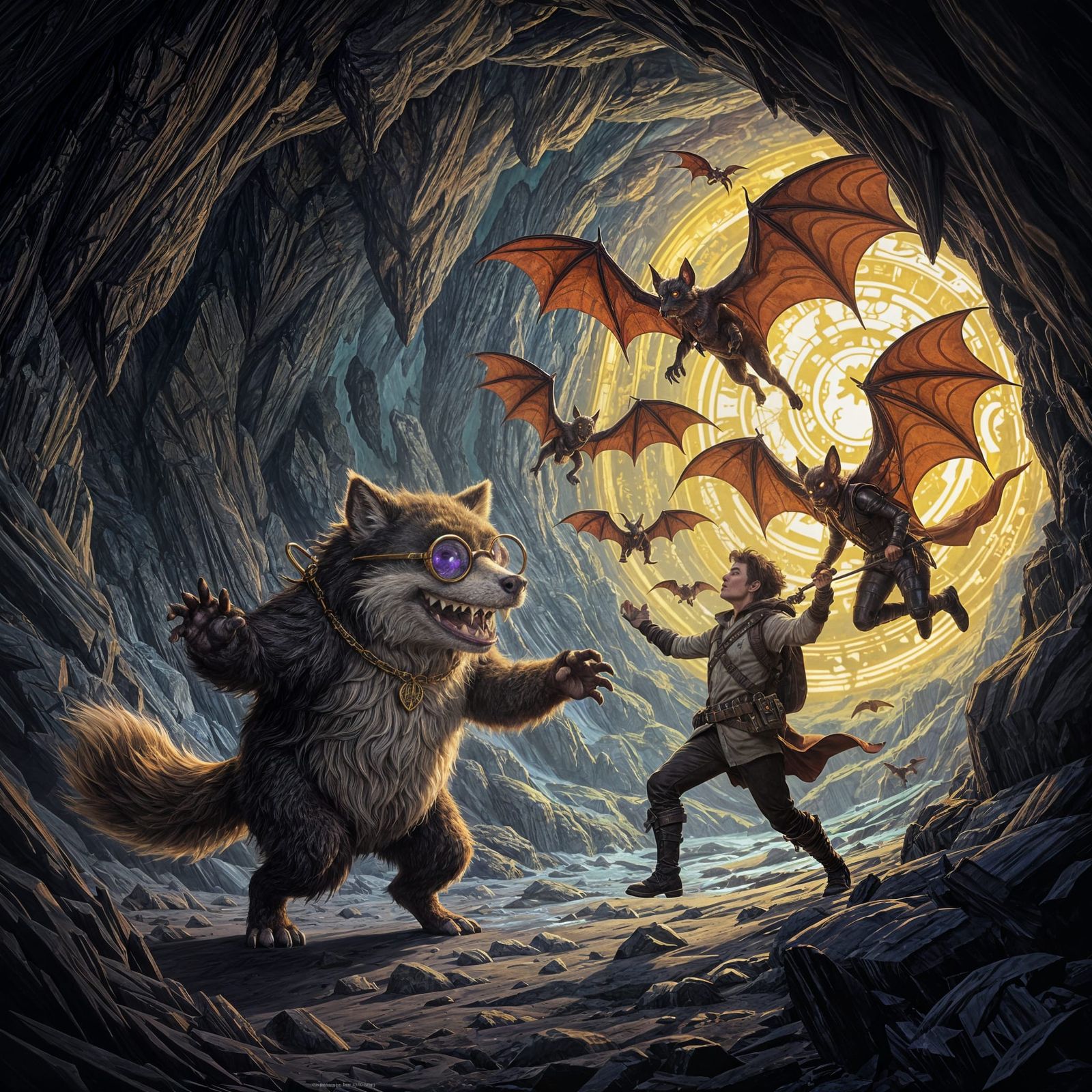 Furry Wumpus Evading Adventurer in Dark Cave