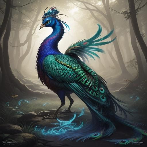 Peacock Phoenix Hybrid in Mystical Forest