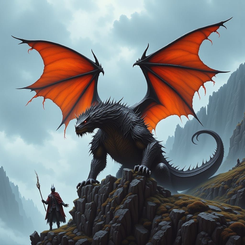 Dragon on Mountain Cliff with Outspread Wings
