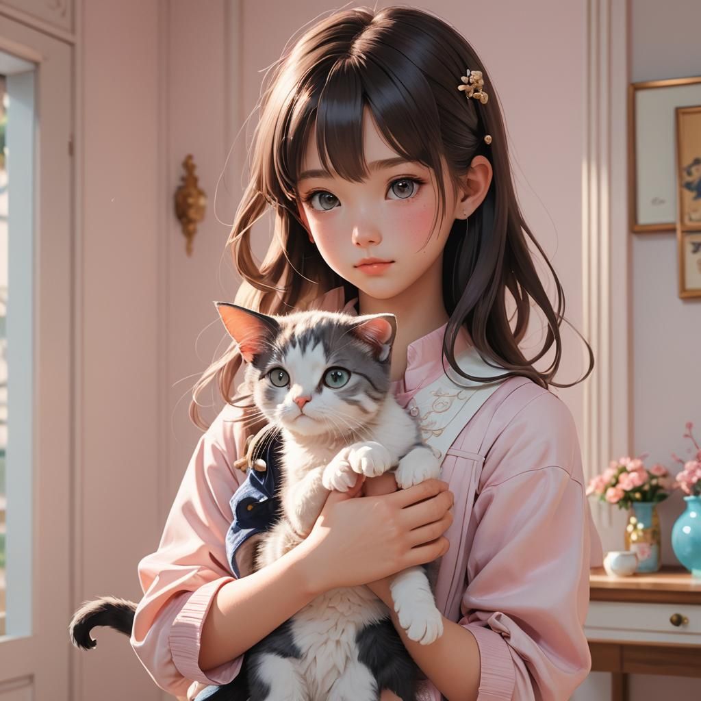 Anime Girl Holding Cat in Sunlit Room