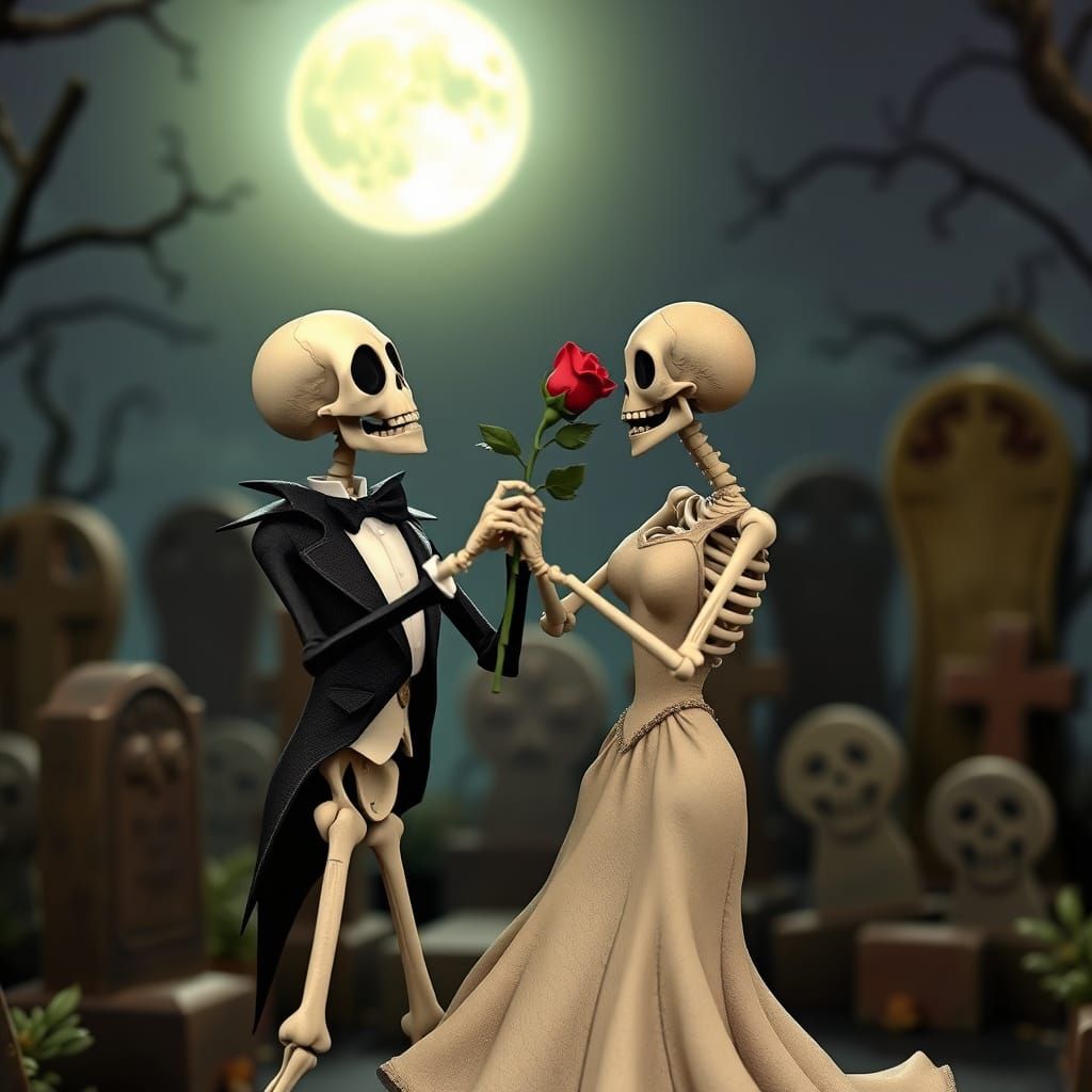 Skeletons Dance in Graveyard Moonlight, Tim Burton Style