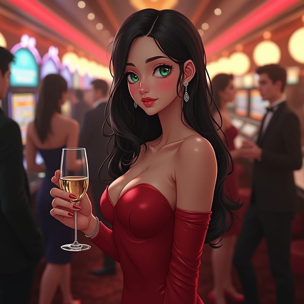 Enigmatic Casino Goddess in Elegant Red Gown