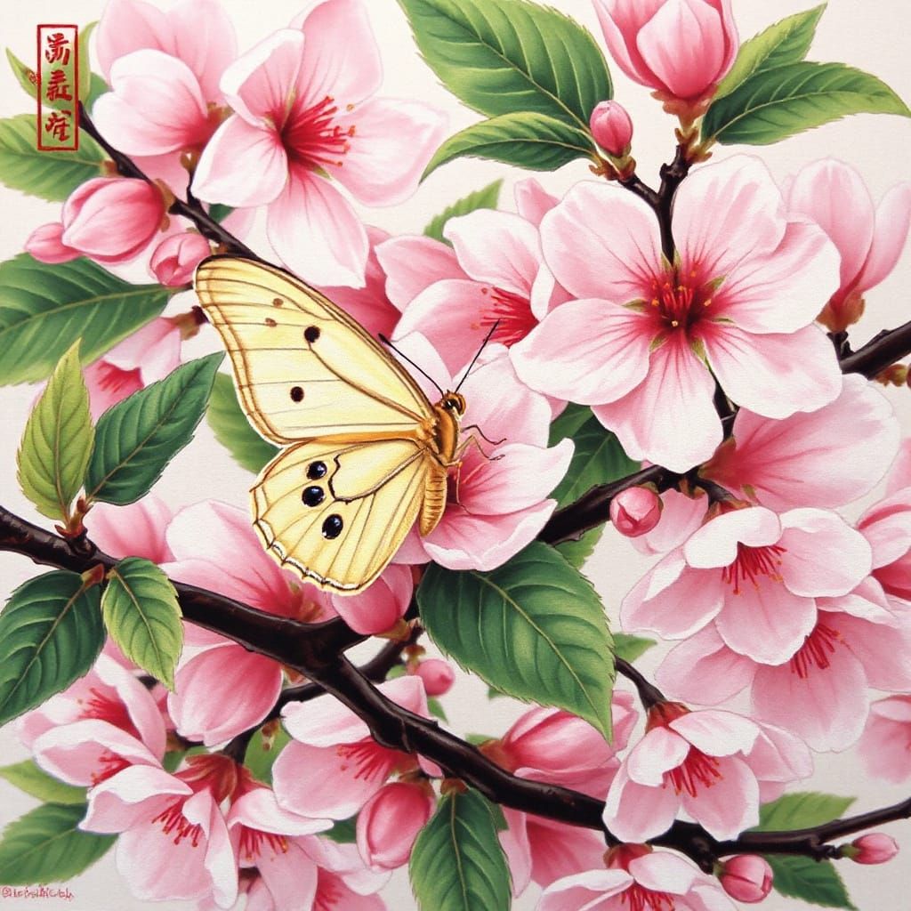 Butterfly on Cherry Blossom Branch in Ukiyo-e Style