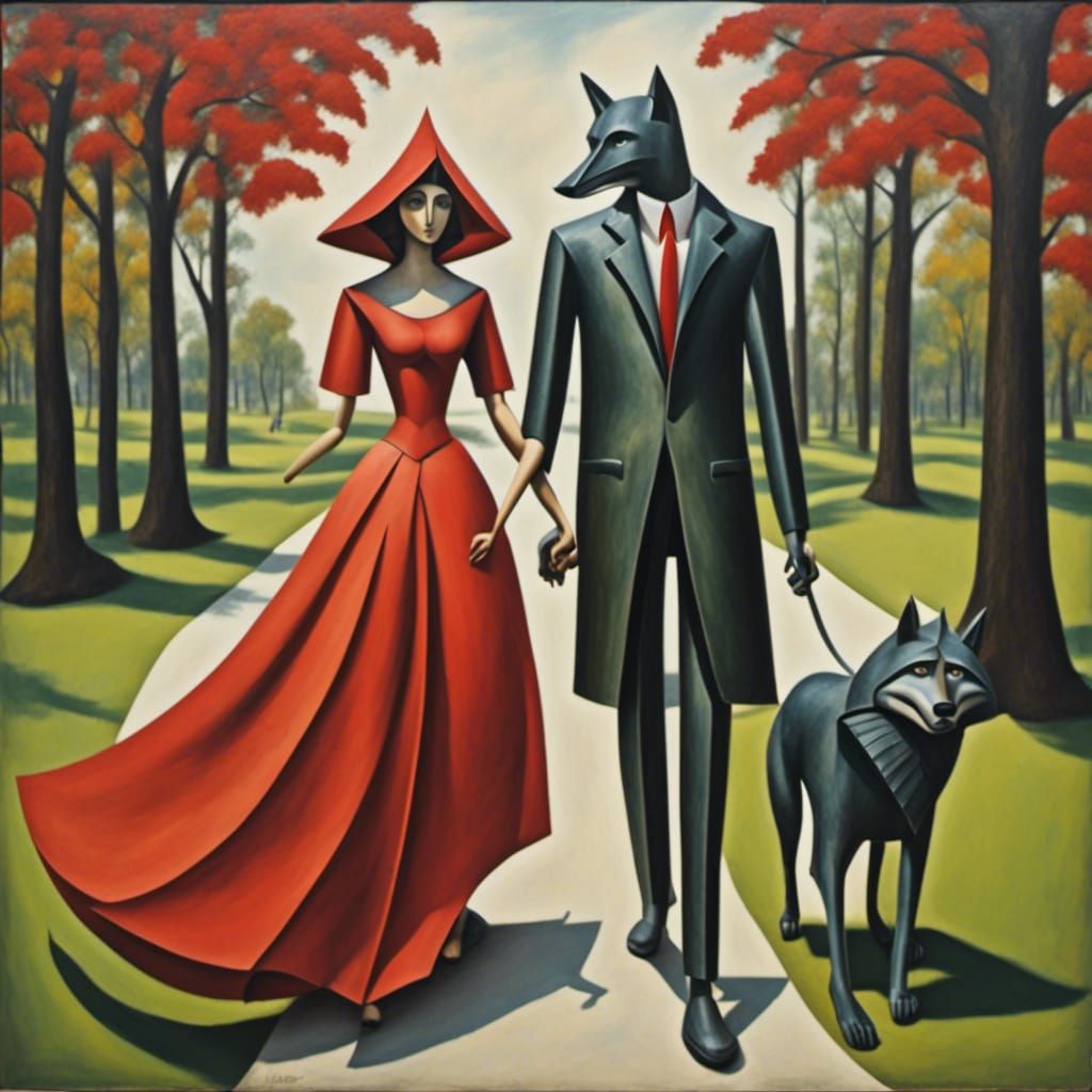 Surreal Wolf Family Stroll in Dadaist Style