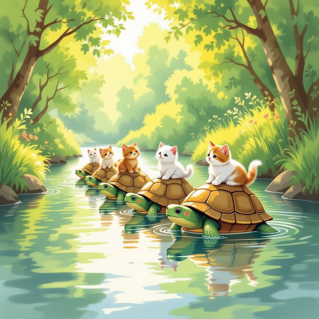 Turtles Carry Kittens Downriver in Storybook Style