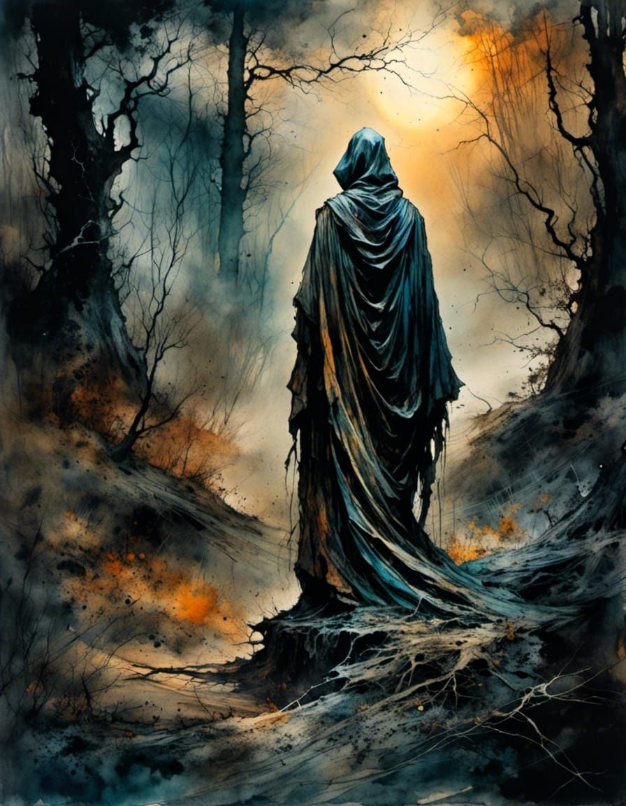 Mysterious Hooded Figure in Dark Forest, Arthur Rackham Styl...