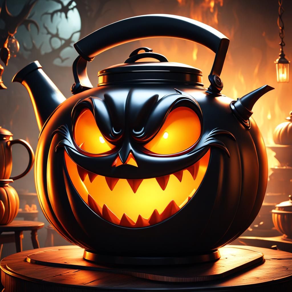 Creepy Halloween Kettle Screaming with Terror in Cartoon Noi...