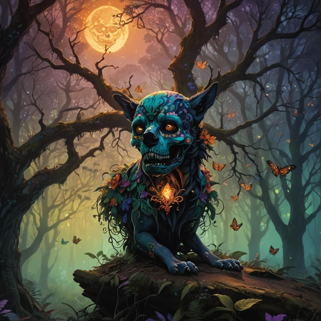 Colorful Xoloitzcuintli in Eerie Forest, Sugar Skull Art