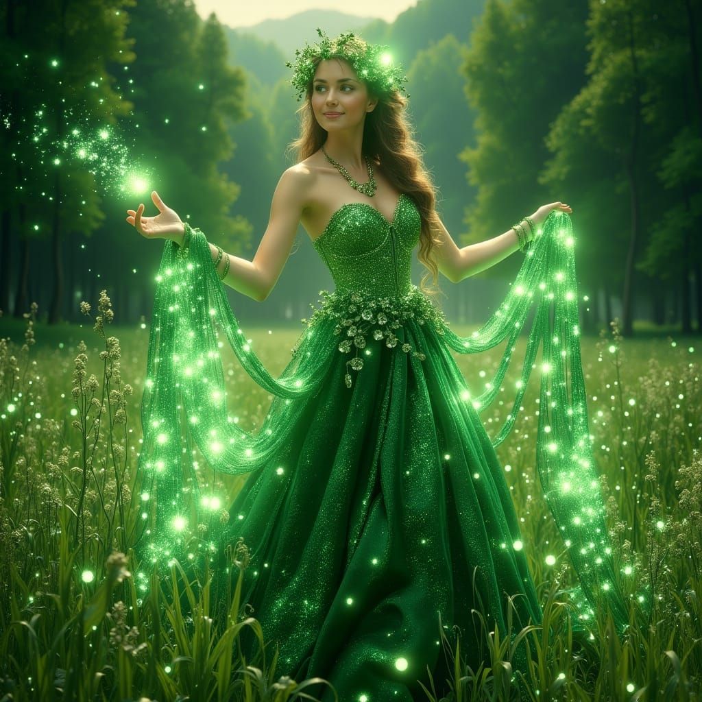 Enchantress Weaving Green Magic in Romantic Style