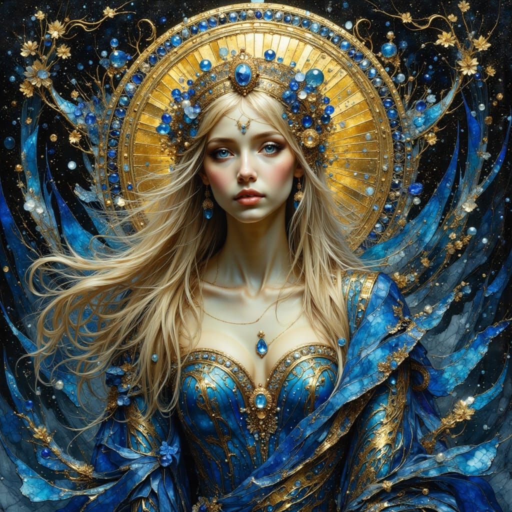 Ethereal Goddess with Sapphire Headdress, Pre-Raphaelite Sty...