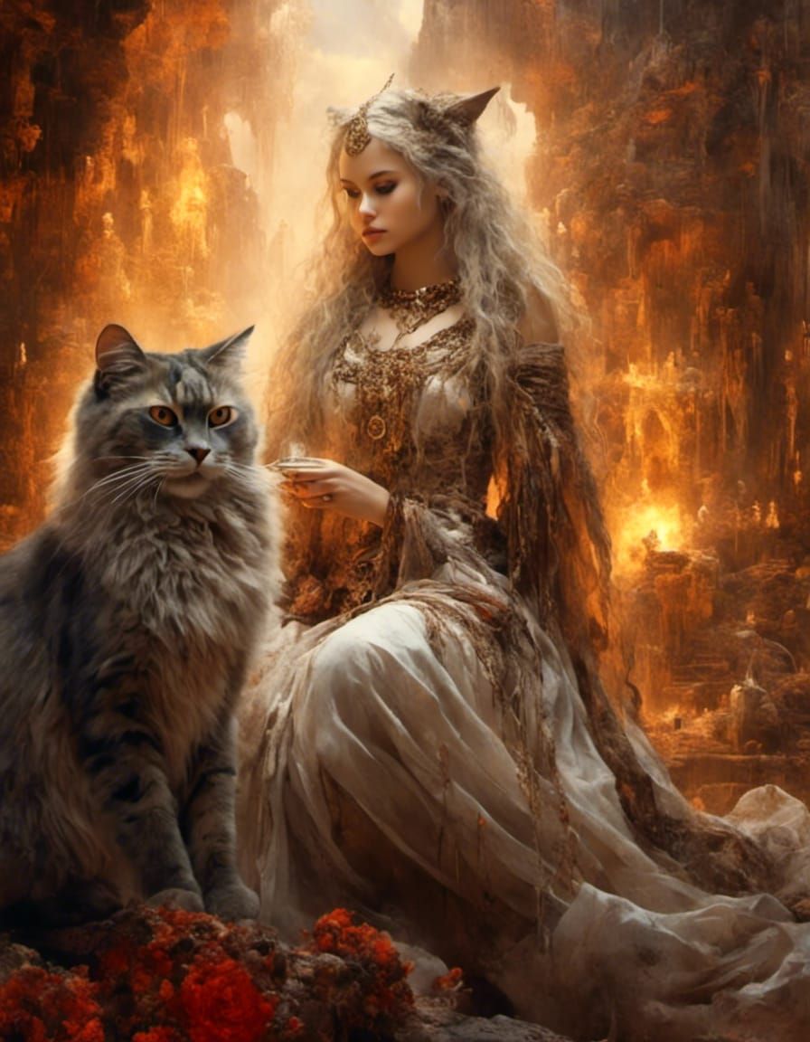 High Fantasy Sorceress Portrait With Cat