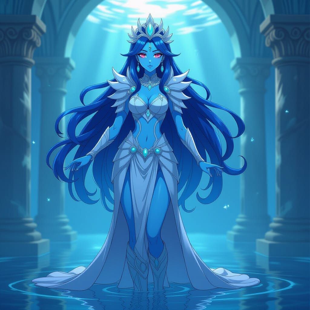 Anime Atlantean Queen in Cel-Shaded Style