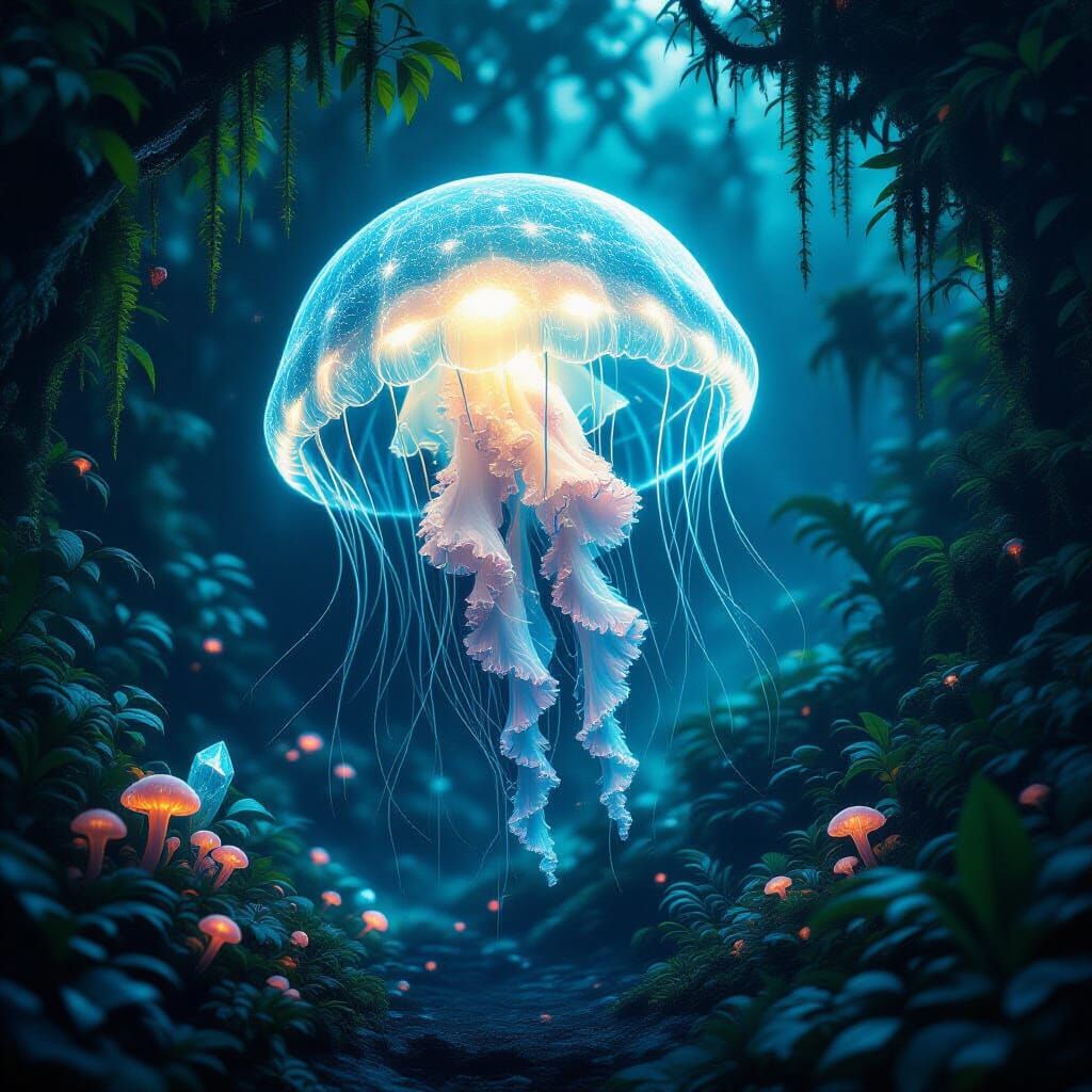Bioluminescent Jellyfish in Alien Jungle Twilight