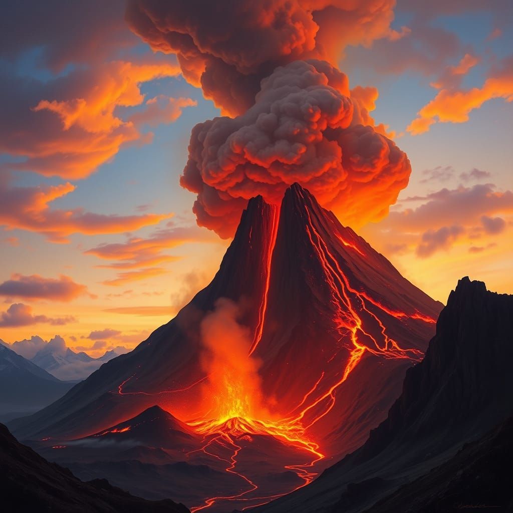 Colossal Volcano Erupts in Dramatic Oil Painting Style
