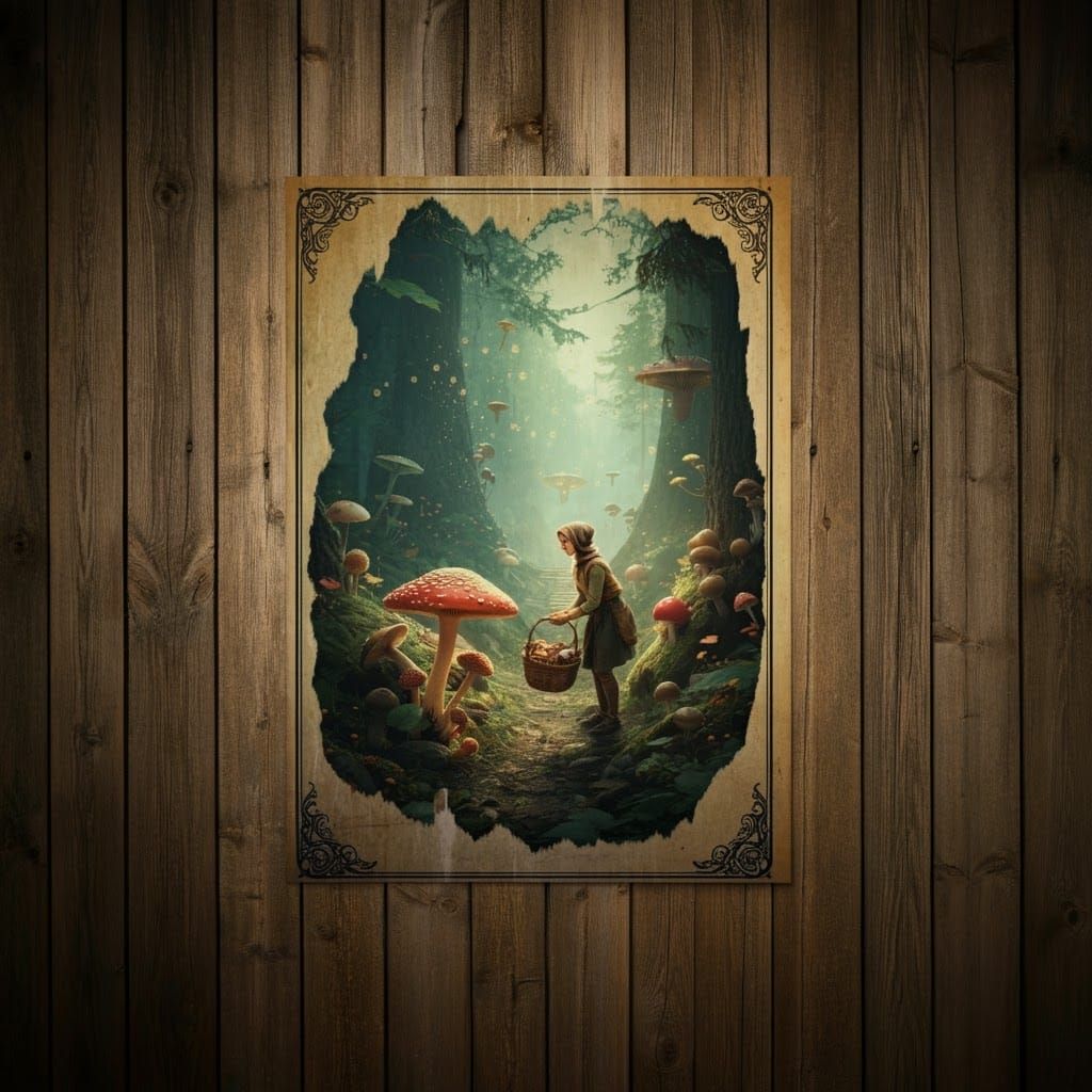 Vintage Mushroom Picking Poster in Mystical Forest