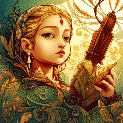 Radiant Krishna Digital Painting with Golden Outlines