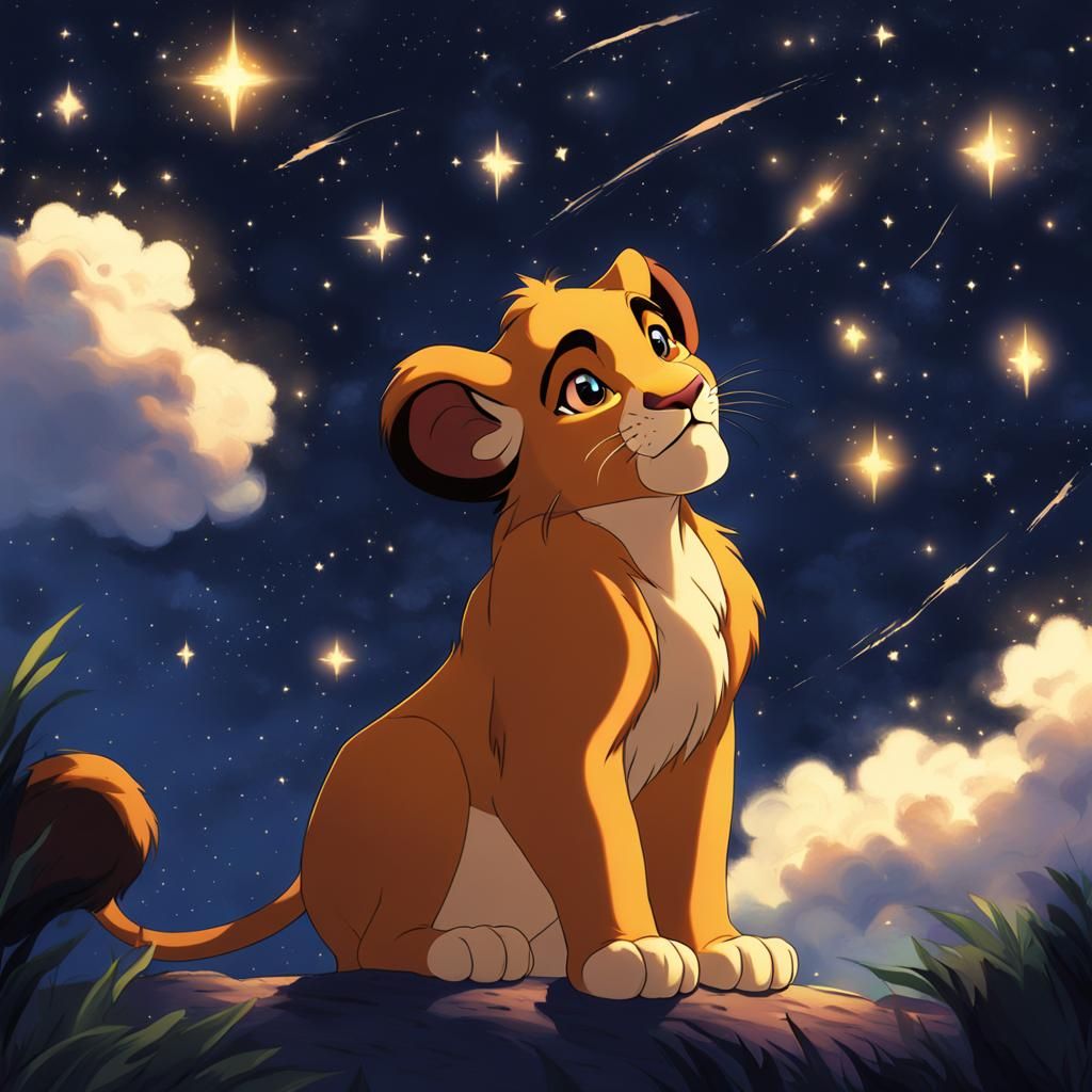 Simba Stargazing: Anime Style Illustration