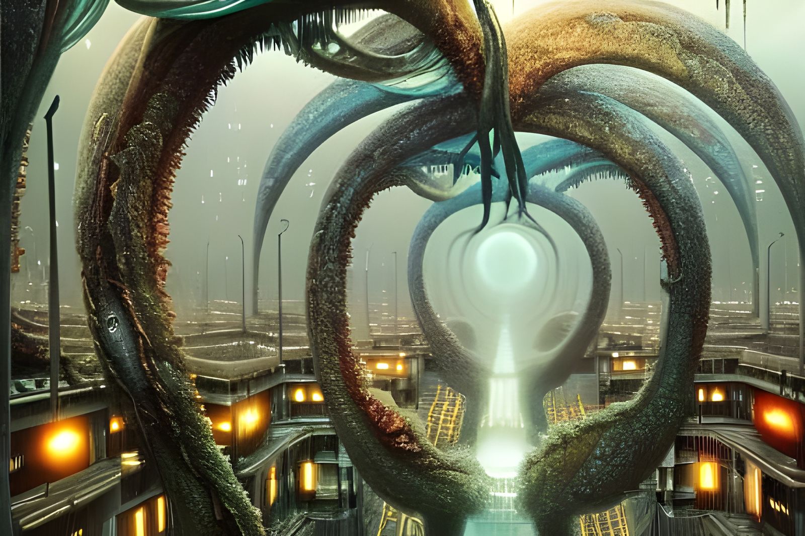 Surreal Horror: Luminescent City Consumed by Tendrils