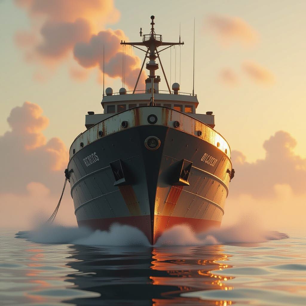 Golden Hour Ship Hull Gleams with Metallic Detail