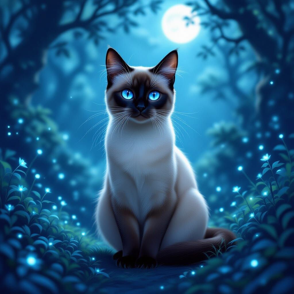 Enchanted Forest Siamese Cat in Mystical Fantasy Style