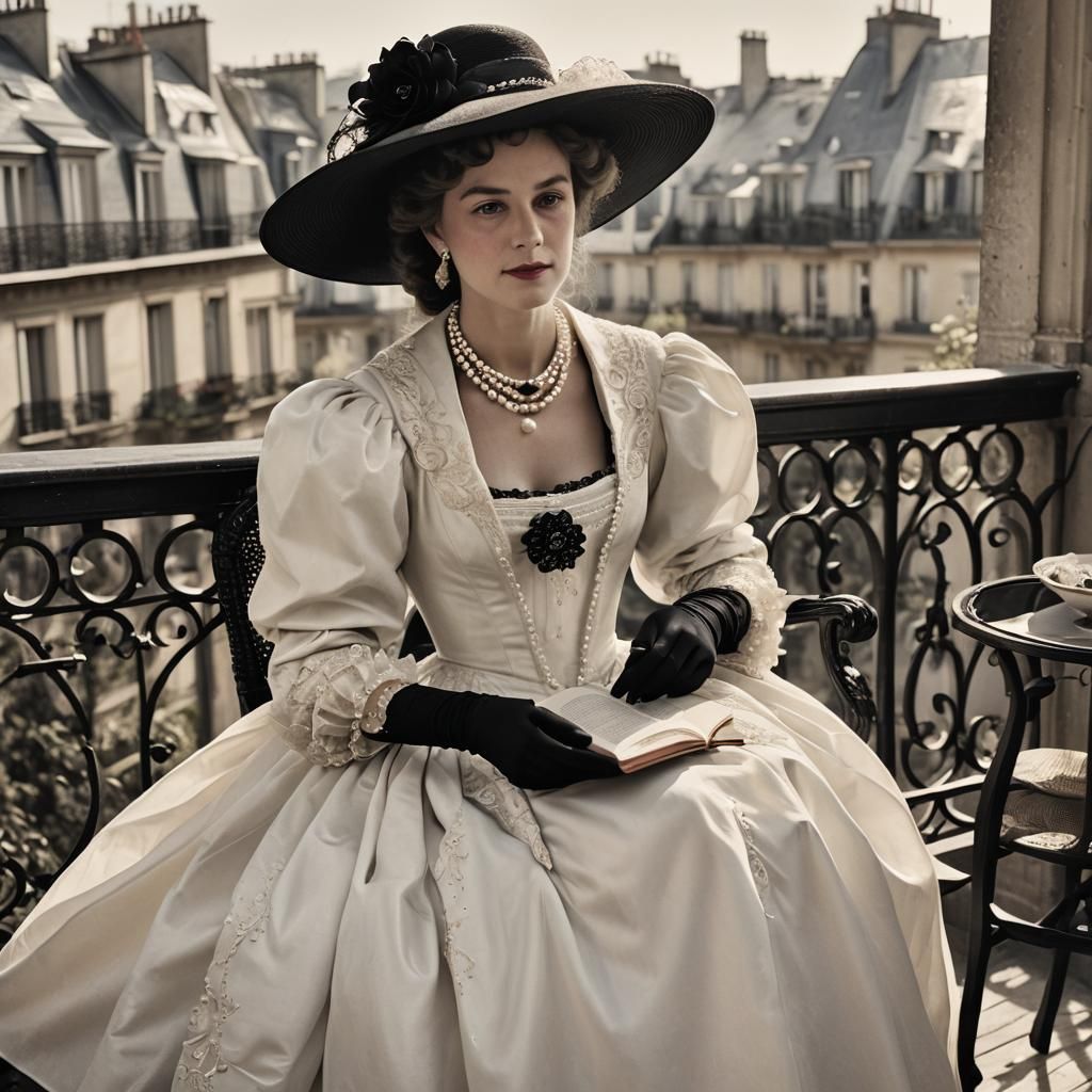 Aristocratic Woman Reading in Paris Balcony Scene