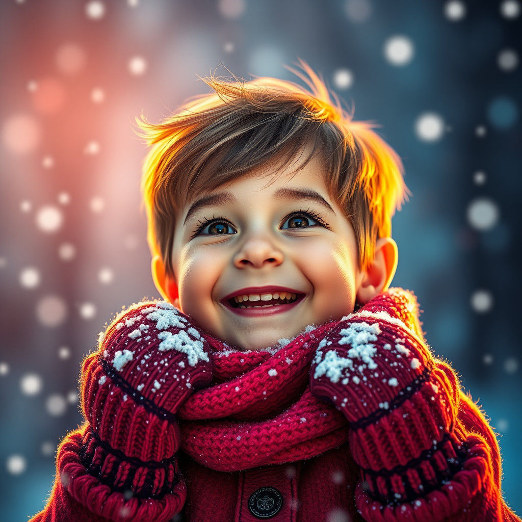 Joyful Child's First Snow, Colorful Digital Art