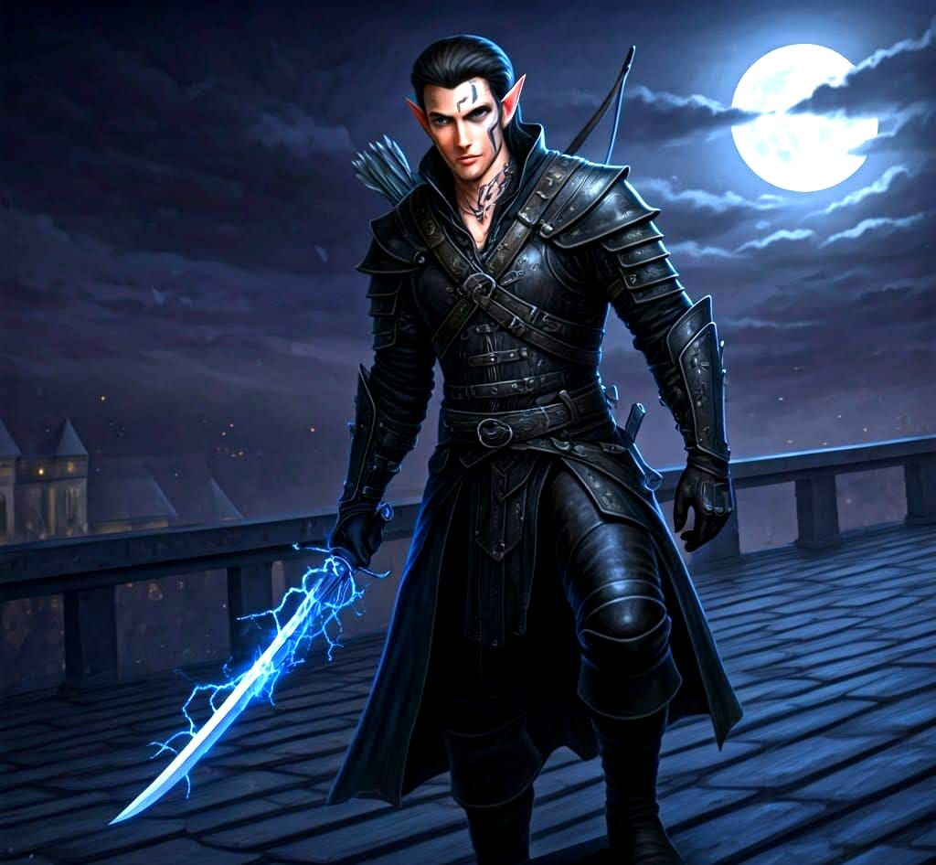 Half-Elf Rogue on Rooftop with Lightning Sword