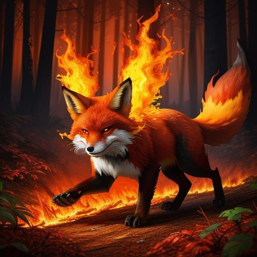 Fire Fox Running Through a Forest: Digital Art