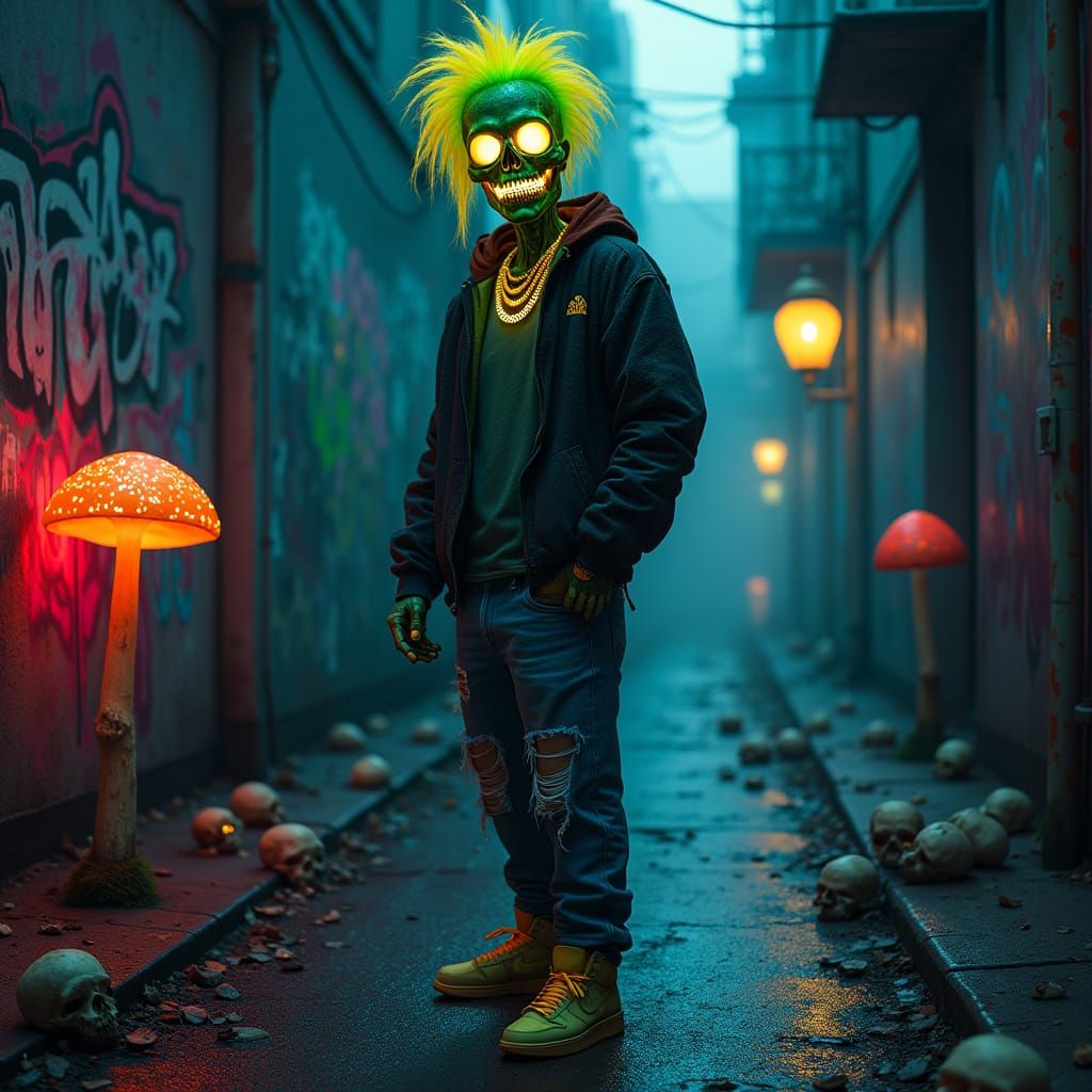 Cyberpunk Undead Gang Member in Neon Alley