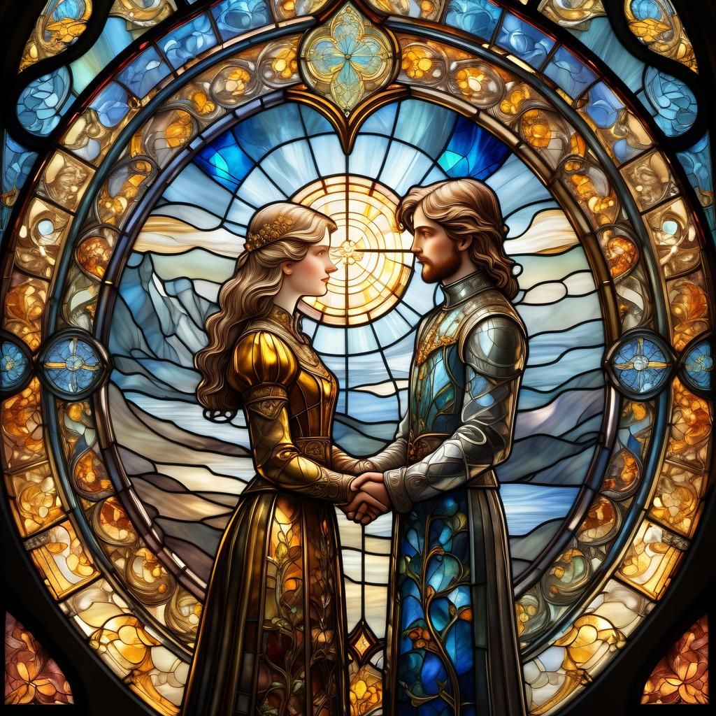 Sweethearts in Art Nouveau Stained Glass Style