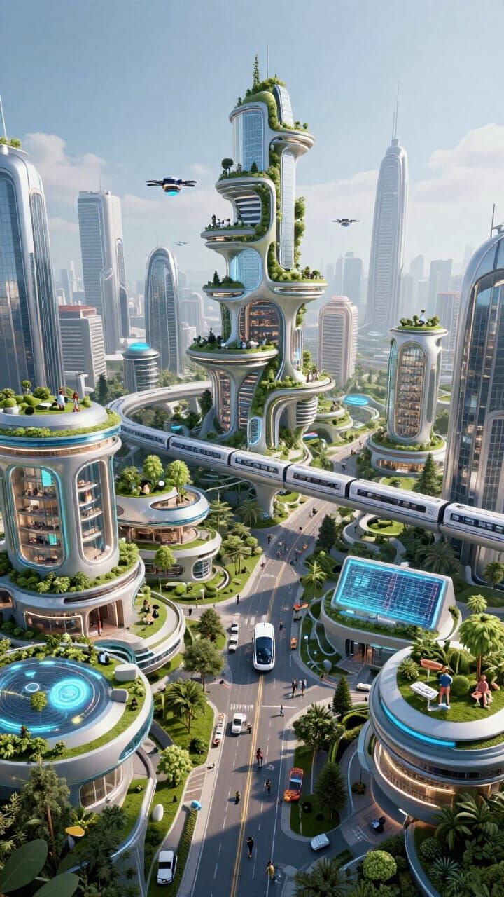 Futuristic City Where AI, Nature, and Humans Coexist