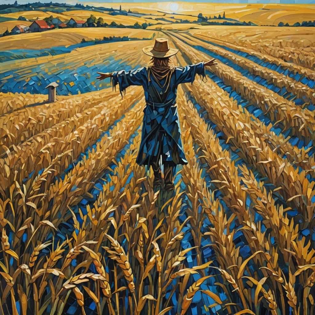 Abstract Scarecrow in Wheat Field as Impasto Painting