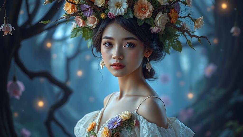 Enchanting Woman with Flower Crown in Magical Forest