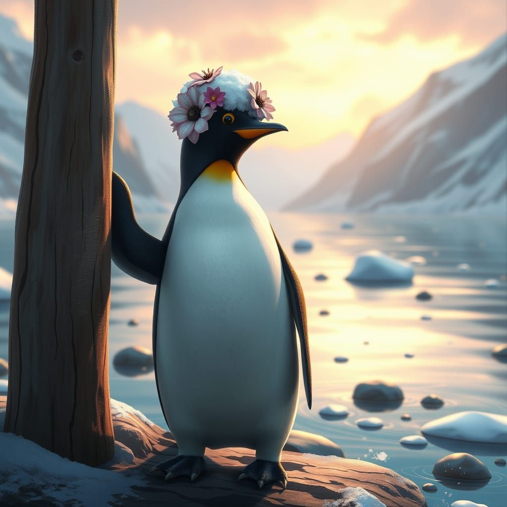 Surreal Penguin in Snowy Landscape with Visible Brush Stroke...