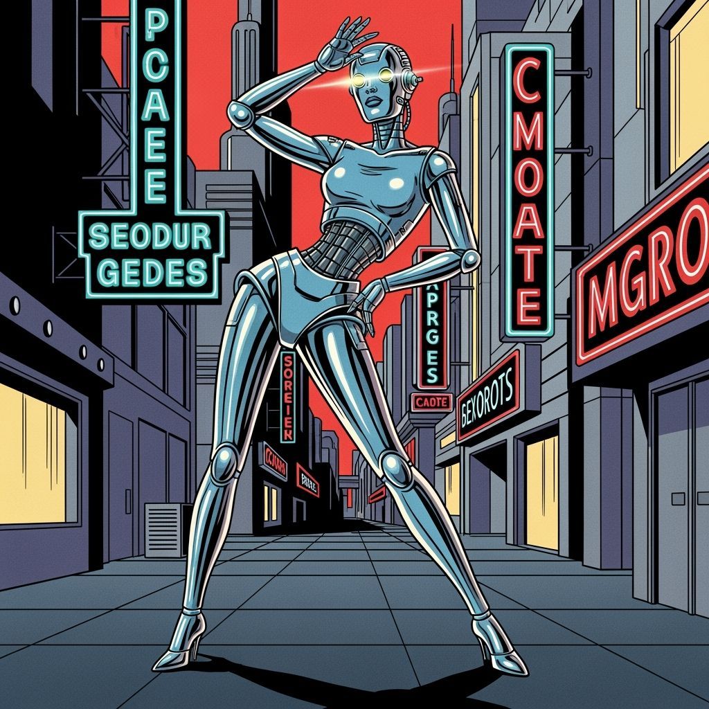 Cyborg Model in Retro-Futuristic Martian City Art Deco Style