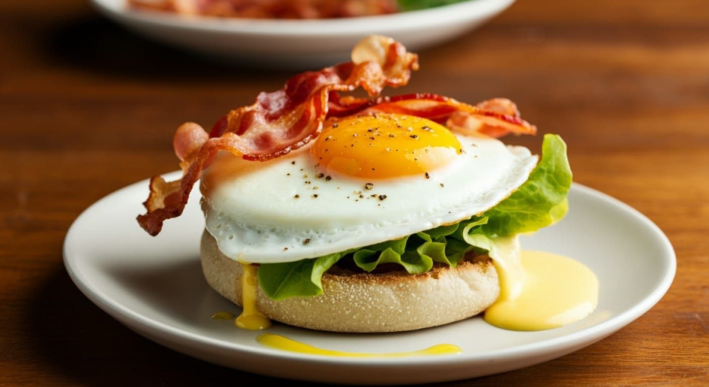 Delicious Muffin Egg Breakfast on Rustic Table