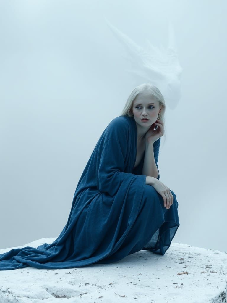 Melancholy Dragon Watches Crouching Woman in Blue