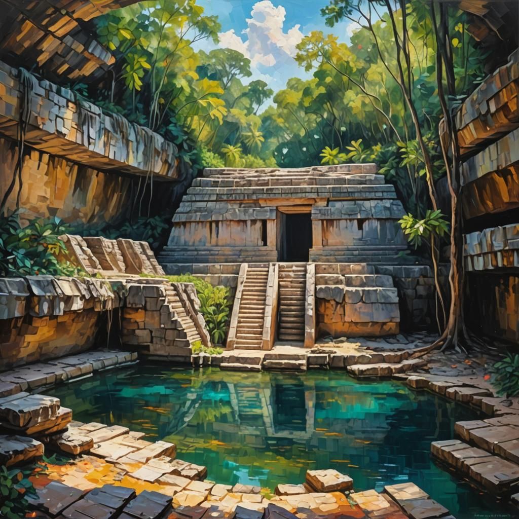 Sacred Cenote Entrance: Impasto Oil Painting